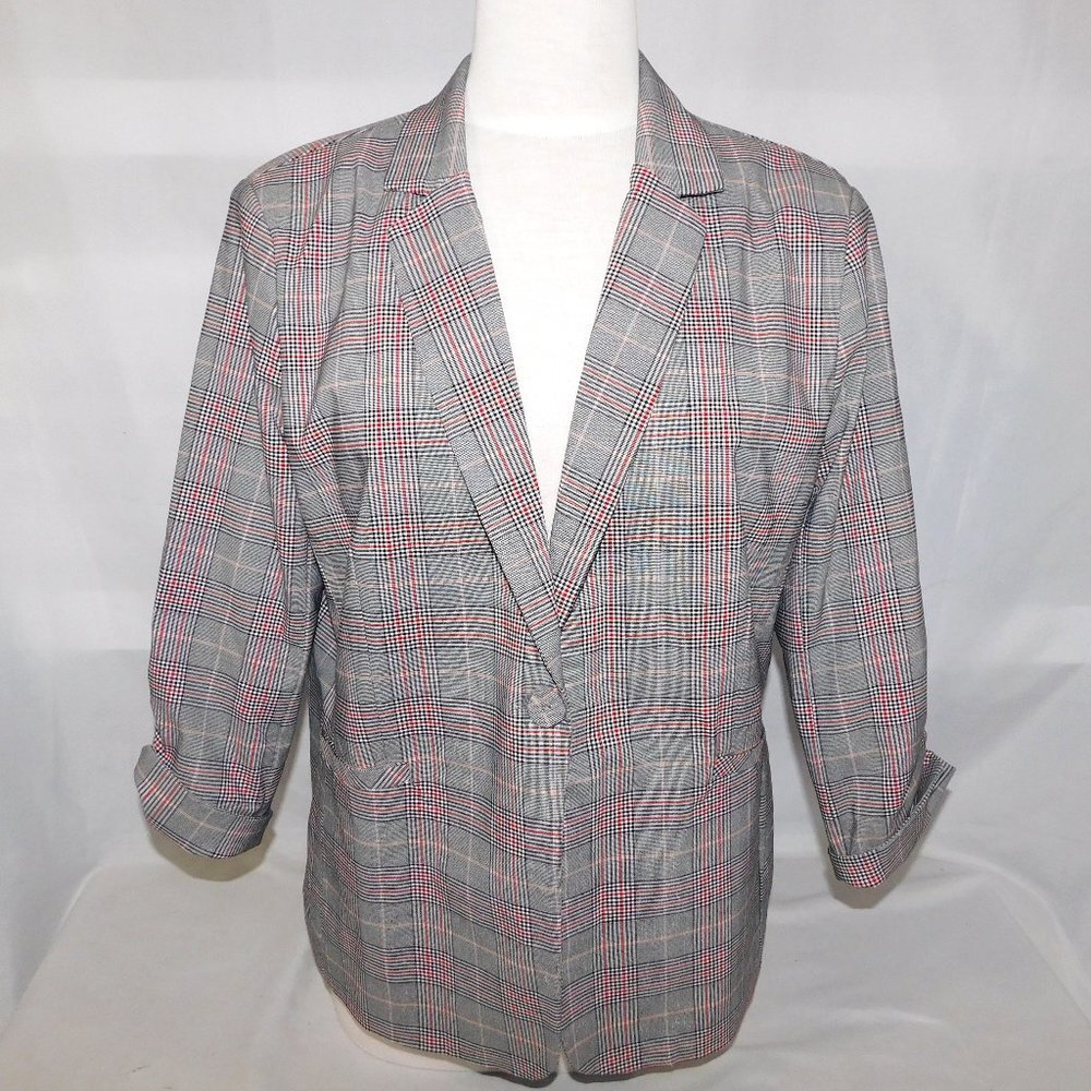 Jules & Leopold Black White Red Plaid Check Blazer 3/4 Sleeve Preppy Womens L